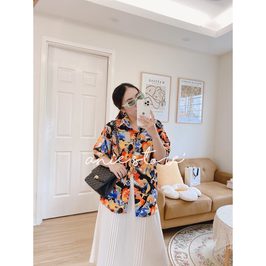 Áo Sơ Mi Nữ Vải Lụa Họa Tiết In Cộc Tay Dáng Rộng