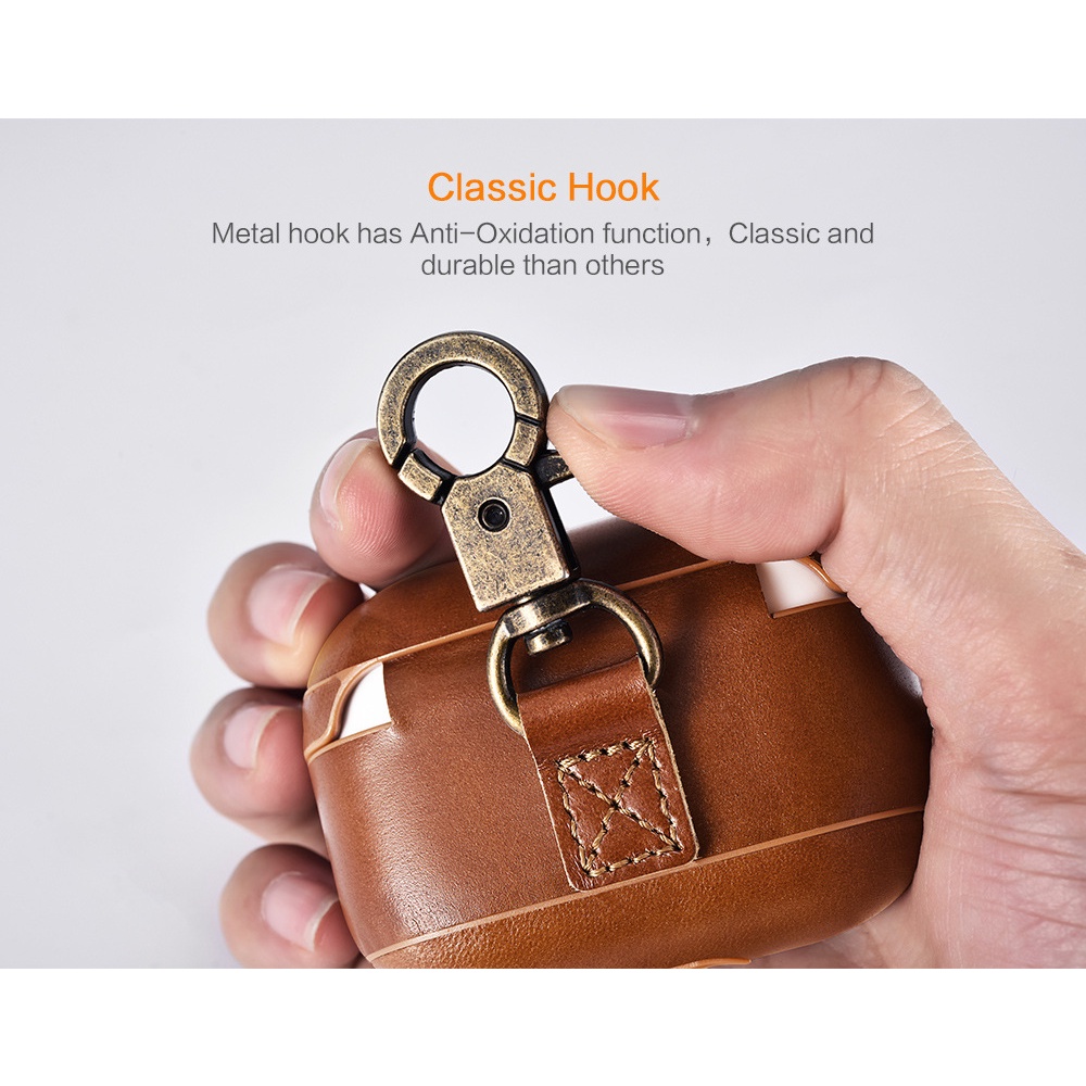 Vỏ Bảo Vệ Hộp Sạc Tai Nghe Airpods 1 2 3 Pro Bằng Da Thật Kiểu Cổ Điển Kèm Móc Kim Loại Tiện Dụng