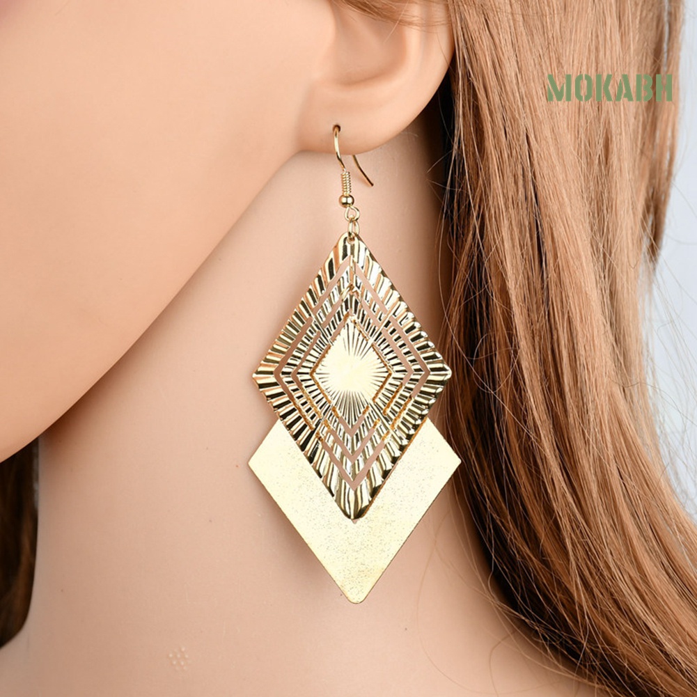 [Thời Trang] Bông Tai Dài Hai Lớp Hình Thoi Rỗng Mặt Nhám