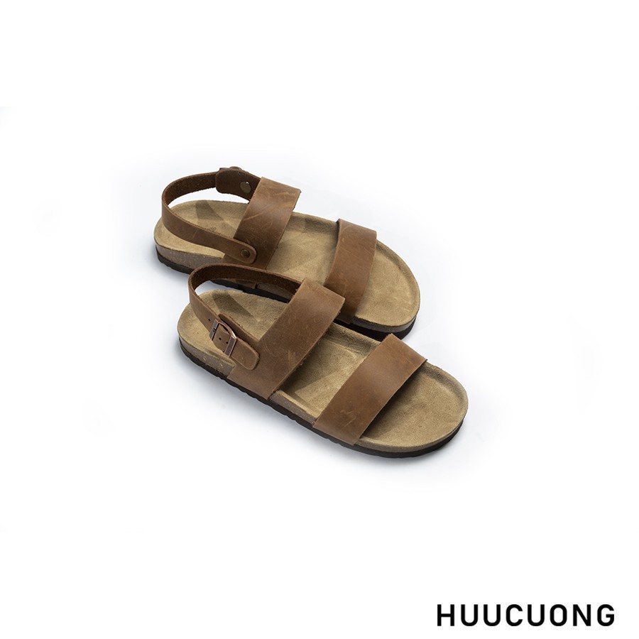 sandal nam giảm Sandal HuuCuong 2 quai da bò nâu đế trấu -az1