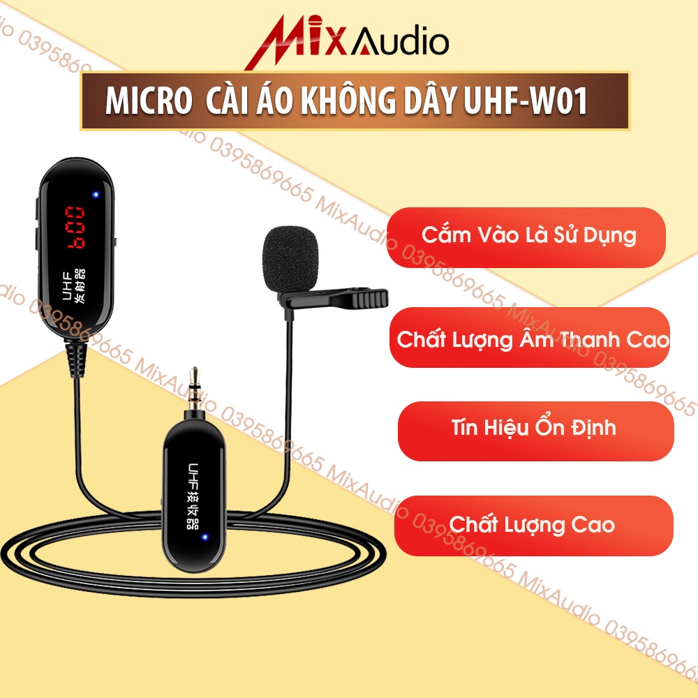 Mic Không Dây Cài Áo W01 Sử Dụng Sóng UHF Kết Nối Loa Trợ Giảng, Loa Kéo, Amly, Điện thoại, ⚡BH 1 NĂM⚡