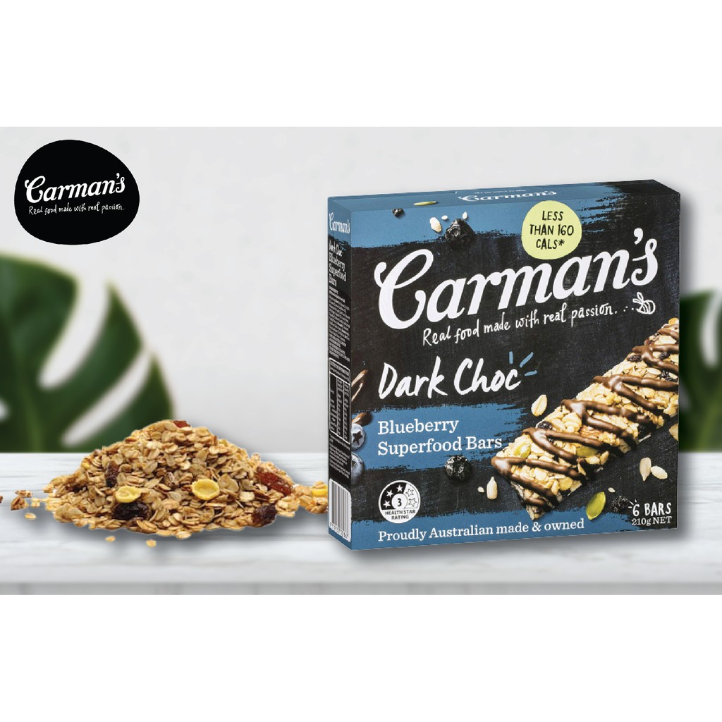 Thanh Ngũ Cốc Carman's Superfood Bar Dark Choc, Blueberry - Vị Chocolate Đen, Việt Quất - 210g