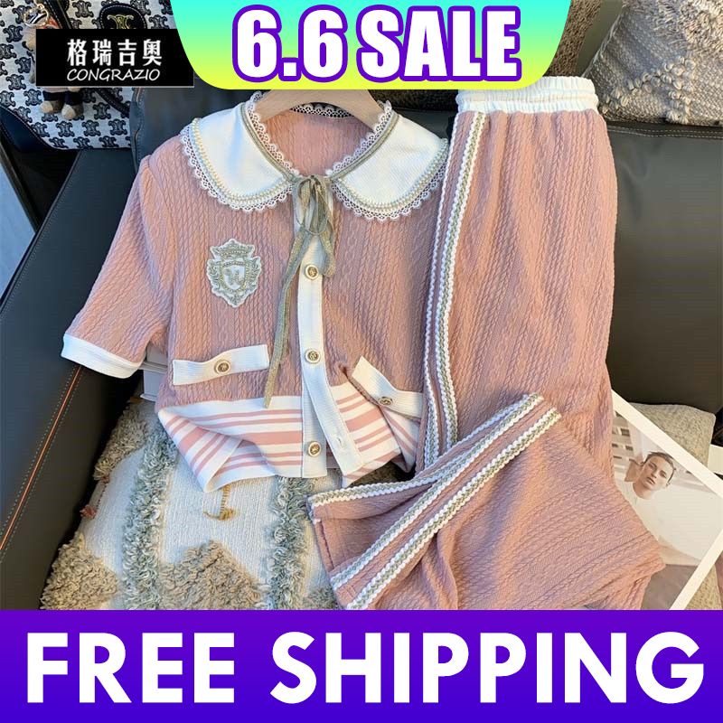 Bộ đồ hai món áo dệt kim và quần ống rộng thời trang mùa hè phong cách Hàn Quốc giản dị cho nữ