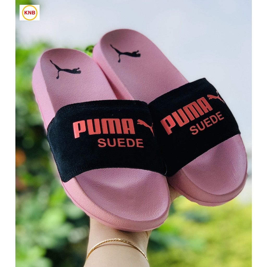 Dép 𝐏𝐔𝐌𝐀 ❤️FREESHIP + Hộp❤️ dép unisex 𝐌𝐋𝐁 quai ngang bóng chày thể thao nam nữ in PUMA da lộn, đế IP bền hồng quai đen
