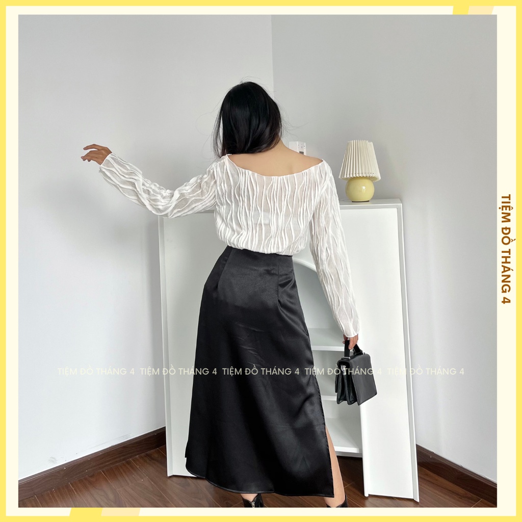 Áo Trễ Vai Nữ Trắng Đen Dập Nổi Phối Váy Dài, Áo Kiểu Nữ Trắng Đen Dập Nổi Phối Váy Dài Sang Chảnh Mới 2022 - MOLISA TOP