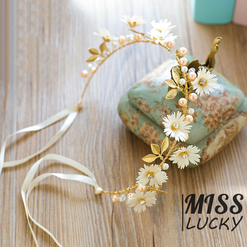 Băng đô đính hoa lá kèm dây ruy băng xinh xắn cho nữ