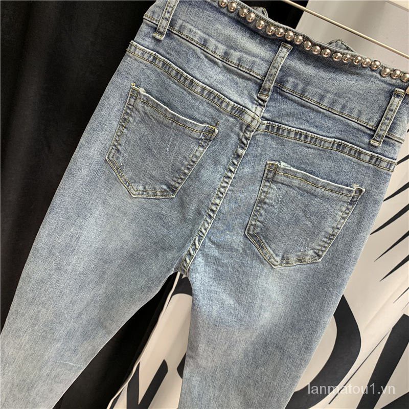 European Station Summer Thin2021New High Waist Beaded Harem Cropped Jeans Women's Slim Fit Korean Style Skinny Fashion