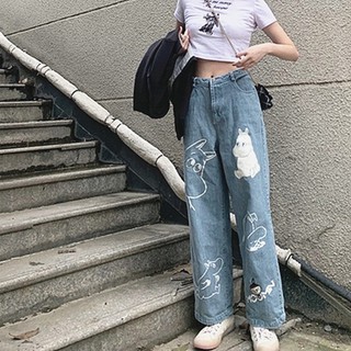 Quần jean dài dáng suông in họa tiết hoạt hình Moomin cá tính cho nữ