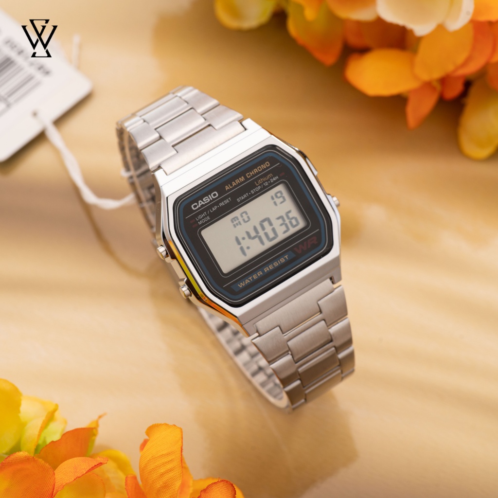 Đồng Hồ Điện Tử Unisex Casio WATCHSTORE A158WA-1DF Thiết Kế Mặt Kính Chữ Nhật Nhựa 36mm, Dây Đeo Kim Loại
