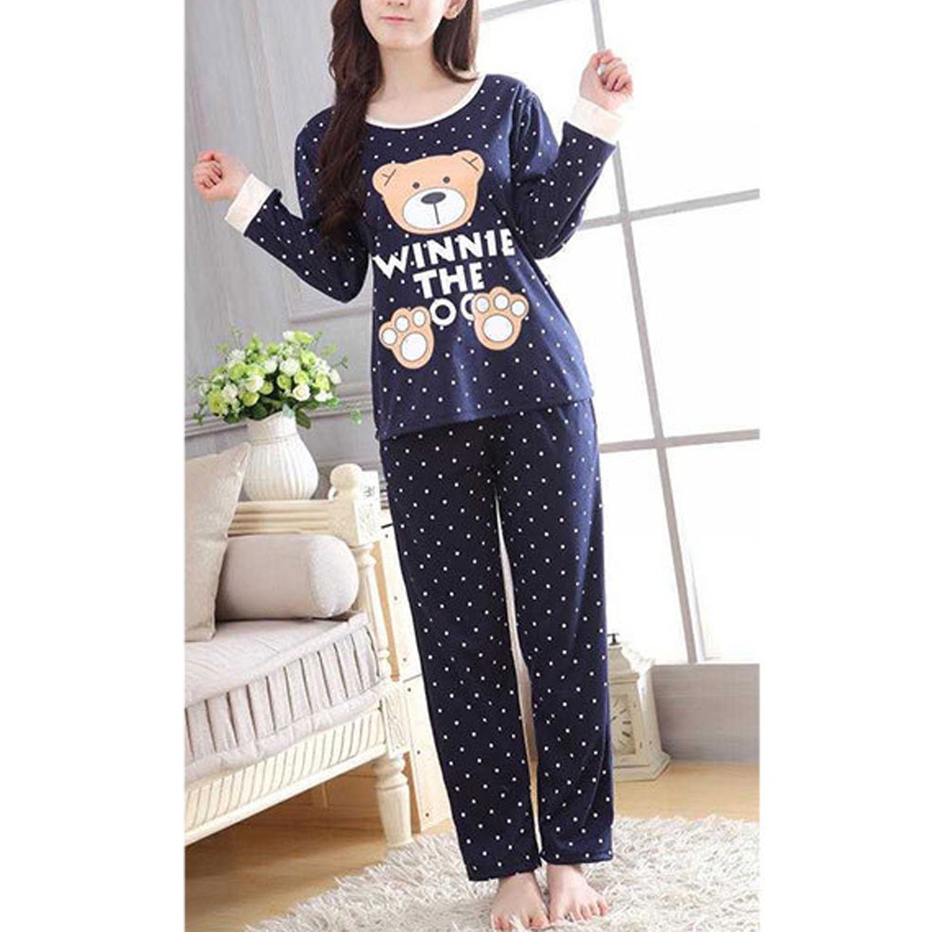 Bộ Pijama Dài Tay In Hình Gấu + Quần Dài Chấm Bi