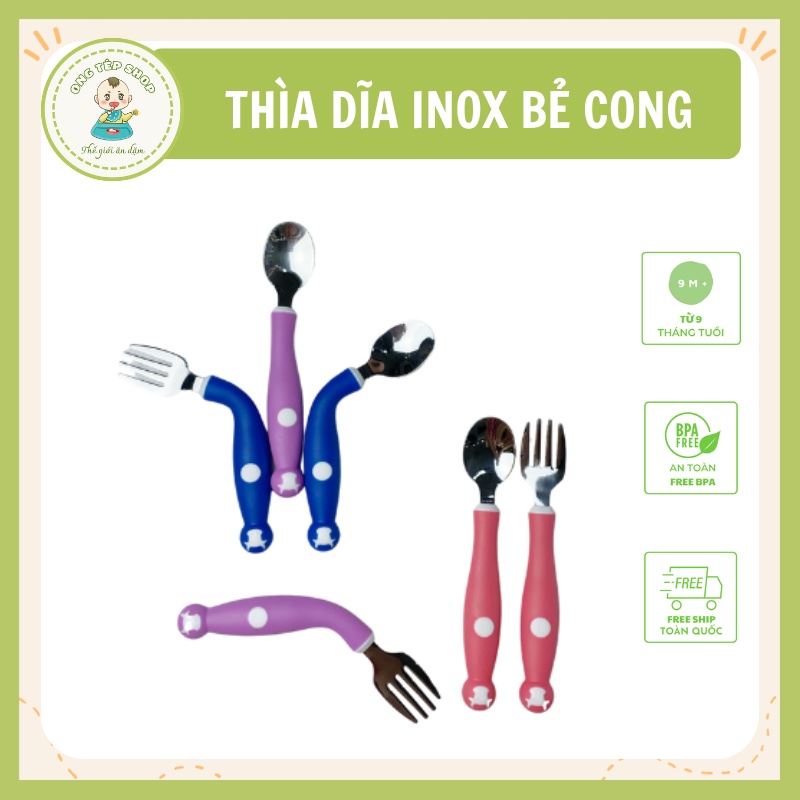 Bộ thìa dĩa tập xúc bẻ cong 360 độ chất liệu inox 304