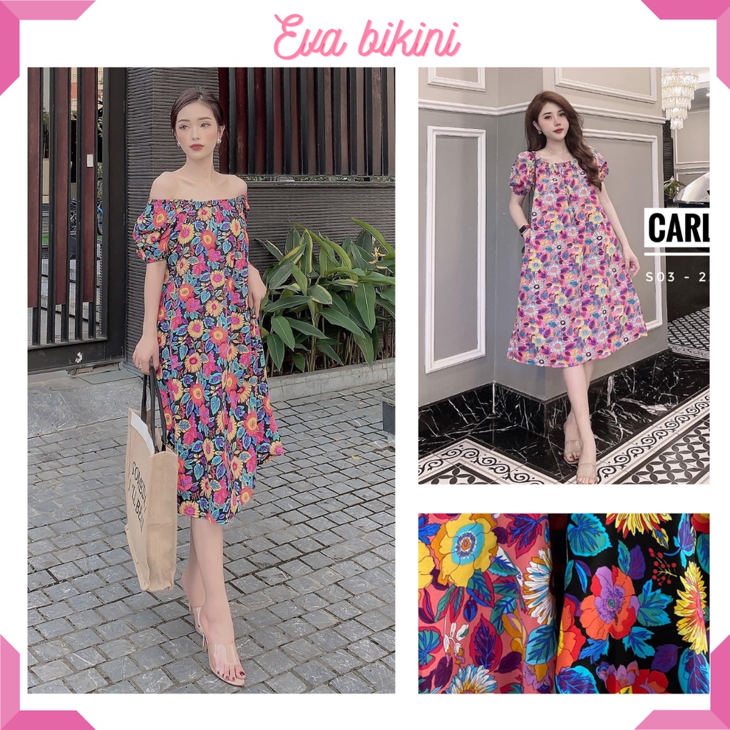 Váy suông hoa tay bồng có túi freesize chất Cotton mát EVA