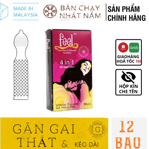 Bao cao su Feel 4 in 1 [Combo 2 Hộp 24 chiếc][CHÍNH HÃNG 100%], BCS Gai gân kéo dài hương dâu, tặng 1 Hộp Rocmen xanh 3c