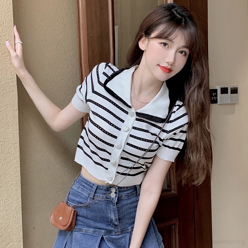 Áo Croptop Dệt Kim Tay Ngắn Phối Lưới Thoáng Khí Thời Trang Cho Nữ