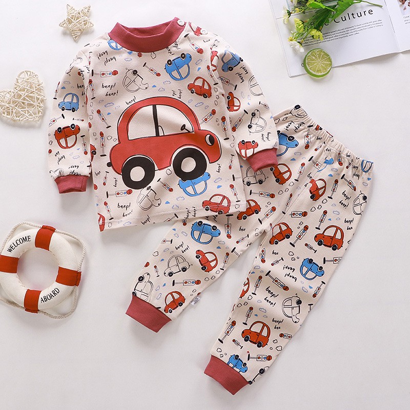 (hàng QC)Bộ thun cotton dài tay hoạt hình B011-oto đỏ cho bé từ 6m-5T