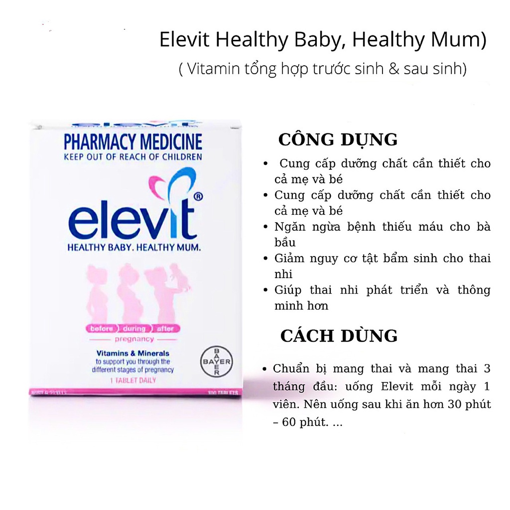 Vitamin tổng hợp Eleit Hộp 100 viên (Úc). Bổ sung vitamine cho phụ nữ trước, trong khi mang thai, cho con bú.