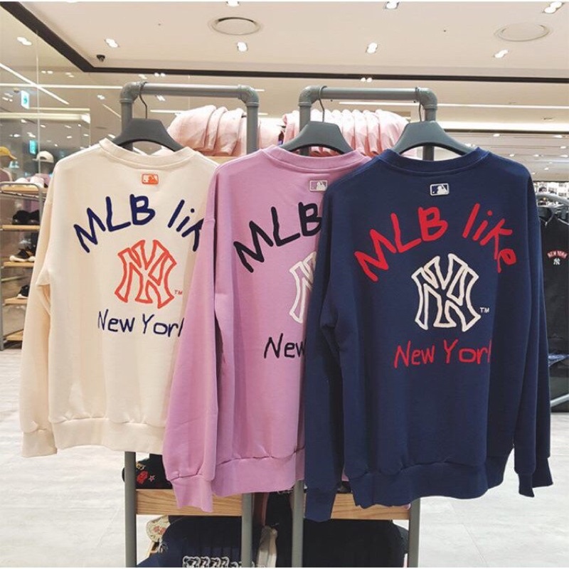 Áo sweater ny mlb tay dài cổ tròn, nỉ da cá