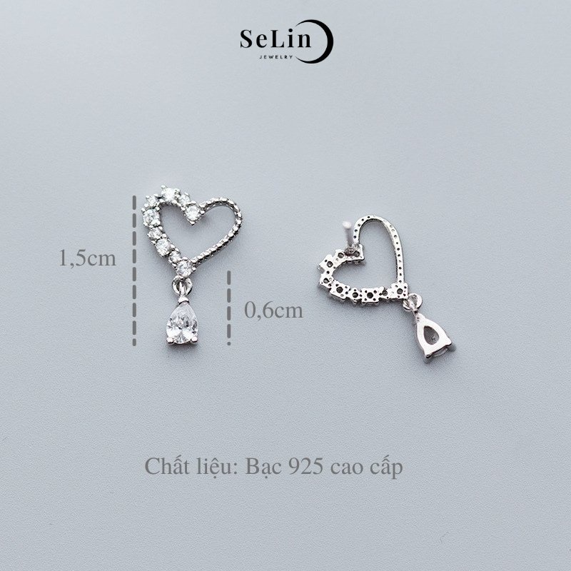 Khuyên tai nữ bạc 925 trái tim dáng dài đính đá cao cấp SELIN JEWELRY - 0011