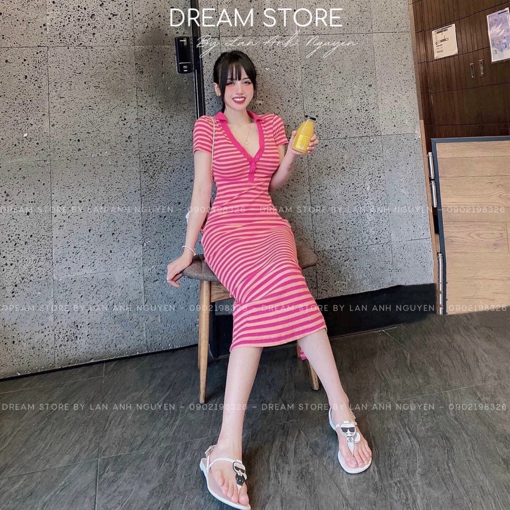 Đầm polo cổ tim ôm body 2 màu cam hồng sọc ngang cực hot , chất thun gân mềm mịn mk