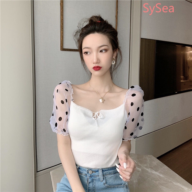 Áo Kiểu Tay Phồng Phối Lưới Họa Tiết Chấm Bi Xinh Xắn Thời Trang Cho Nữ