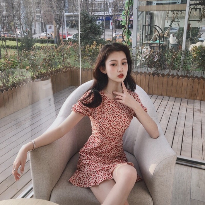 Đầm hoa cổ tròn dáng chữ A thiết kế mới thời trang mùa xuân theo phong cách hàn quốc