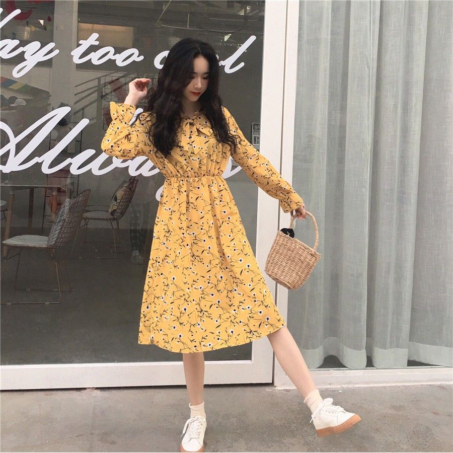 [ORDER] Đầm Hoa Nhí Vintage Vàng FREESHIP Váy Hoa Nhí Hàn Quốc trẻ trung đáng yêu Cao Cấp