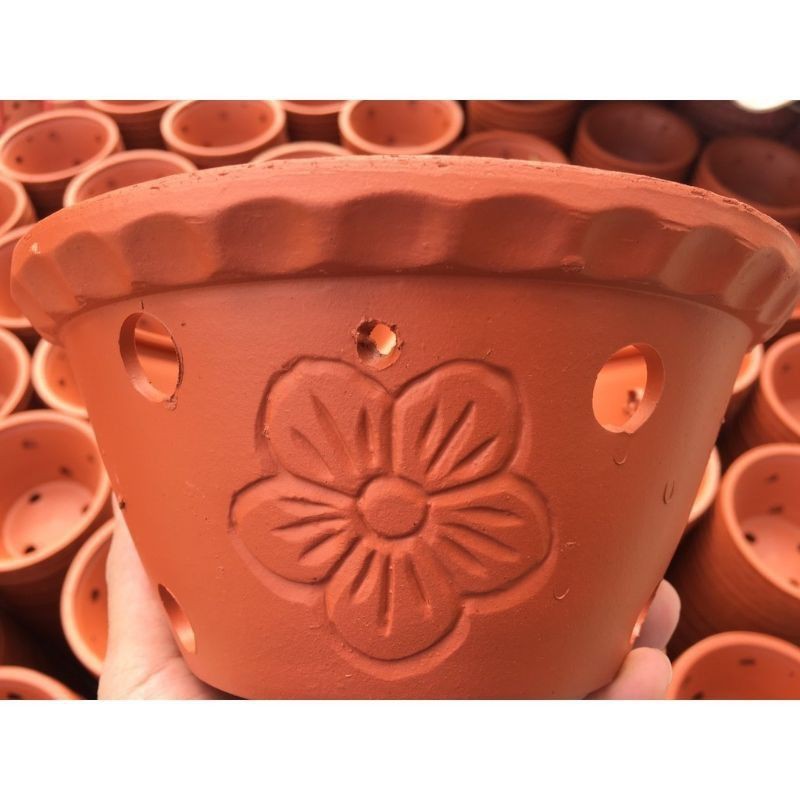 Chậu đất nung 28cm trồng hoa Lan, cây phong Lan, phong lan loại 1 Bát Tràng tặng kèm móc treo