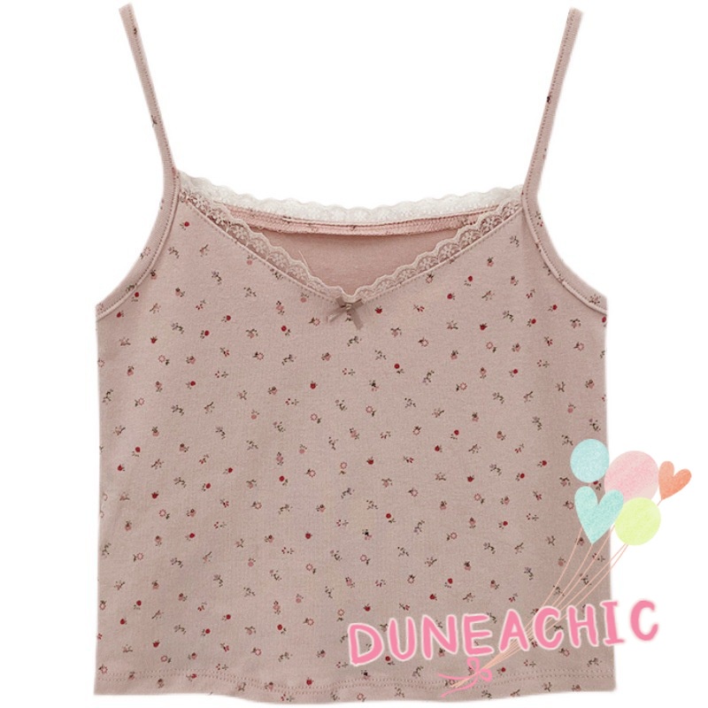 DUNEA Áo Hai Dây Phối Ren Hoa Ngọt Ngào Thời Trang Mùa Hè Cho Nữ