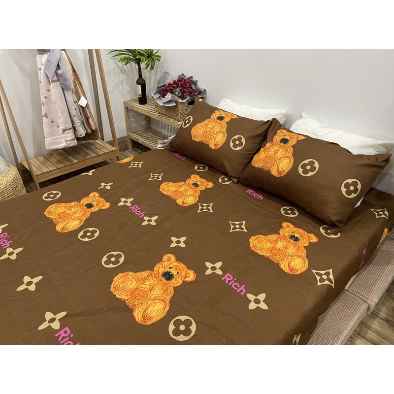 Bộ Ga Gối Gấu Nâu Cotton poly 3D thun mát hình dễ thương đủ kích thước ga bo chun có vỏ gối