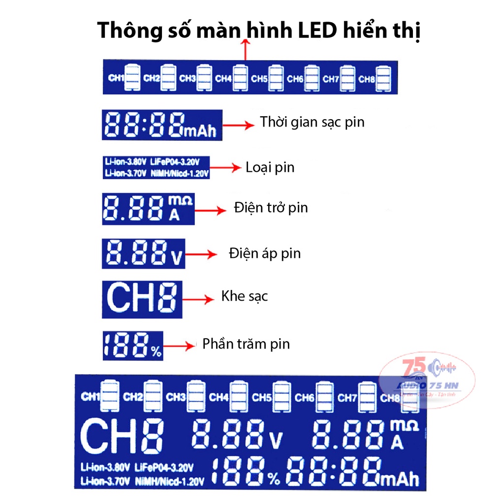 Bộ sạc pin Liitokala Lii-S8 cao cấp Charger Li-ion 3.7V NiMH 1.2V Li-FePO4 3.2V IMR 3.8V sạc pin 18650 26650 21700 26700