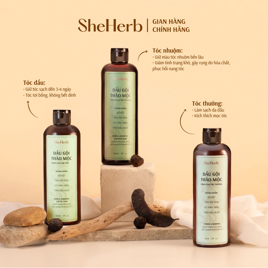 Dầu Gội Thảo Dược Ngăn Ngừa Rụng Tóc Bồ Kết SheHerb - Nuôi Dưỡng, Bảo Vệ Tóc, Giảm Gàu 250ml - 500ml