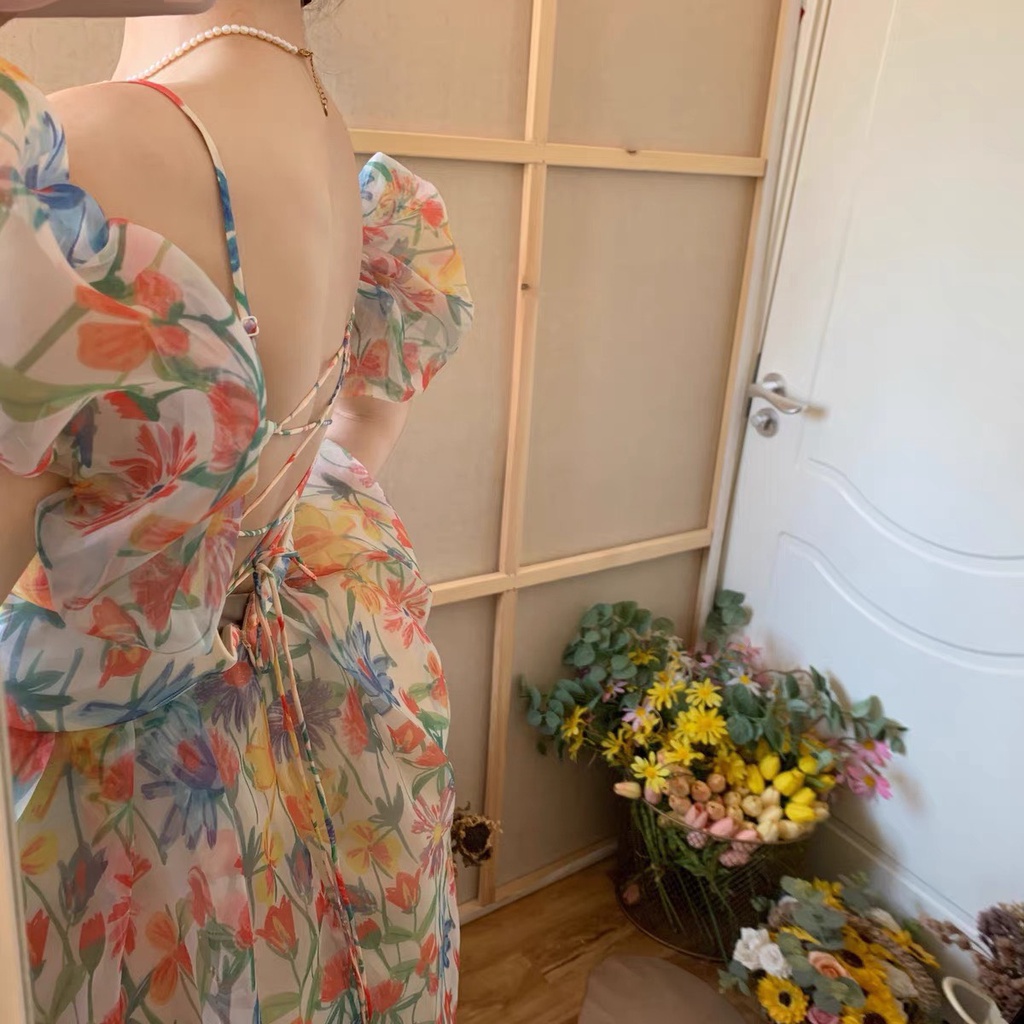 Đầm maxi voan hoa tay phồng trễ vai đan dây lưng phong cách kiểu Pháp thanh lịch, váy maxi hoa nàng thơ đi biển