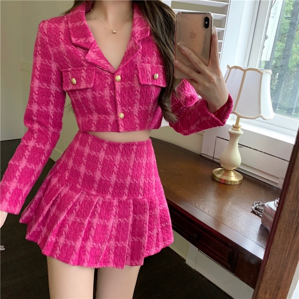 Set dạ Tweed áo croptop + chân váy xếp li màu hồng tiểu thư cực hot trend 2022
