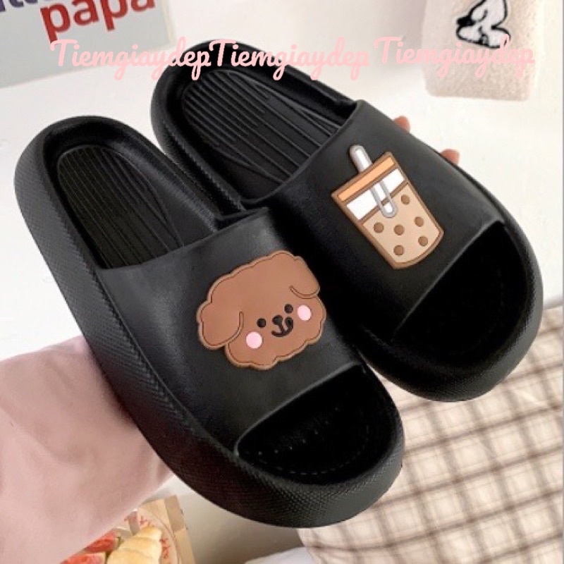 Dép bánh mì,dép quai ngang nam nữ hình hoạt hình gấu và trà sữa dễ thương cao 3cm