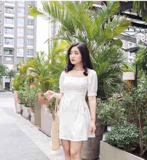 Đầm dạo phố, váy du lịch cổ vuông đan dây eo 2 màu