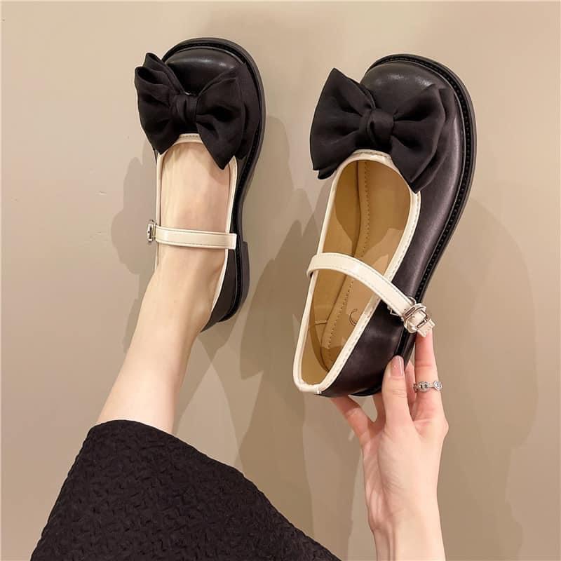 Giày Bệt Nữ Lolita Da Mềm Đính Nơ Phong Cách Thời Trang Trẻ Trung