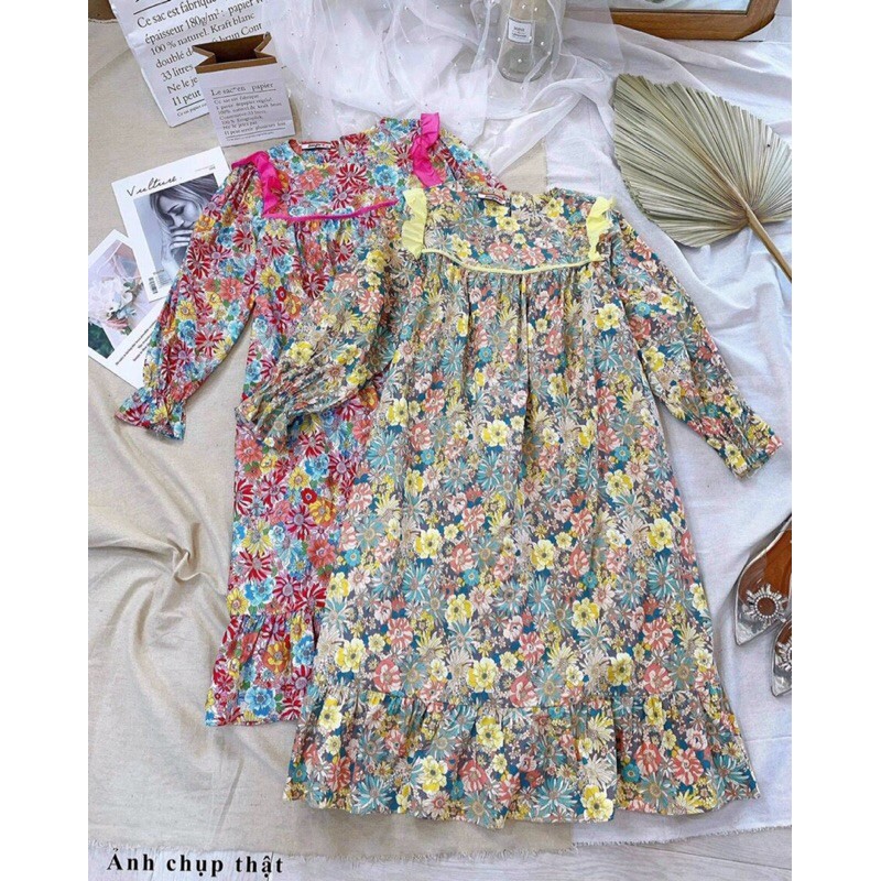 Đầm suông hoa babydoll viền bèo ngực, tay áo bo ống | BigBuy360 - bigbuy360.vn