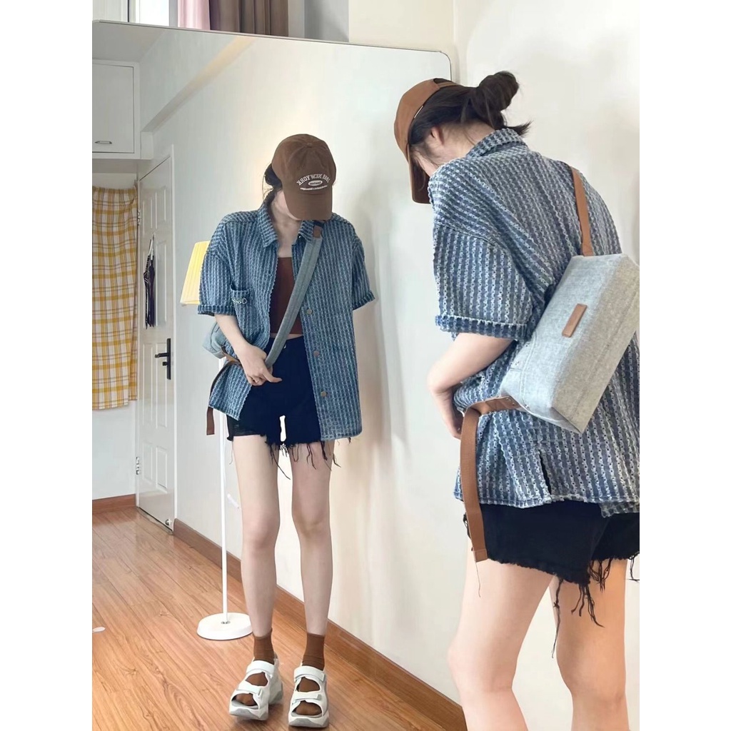 Áo Sơ Mi denim Tay Ngắn Phong Cách retro Thời Trang Hàn Quốc Dễ Phối Đồ