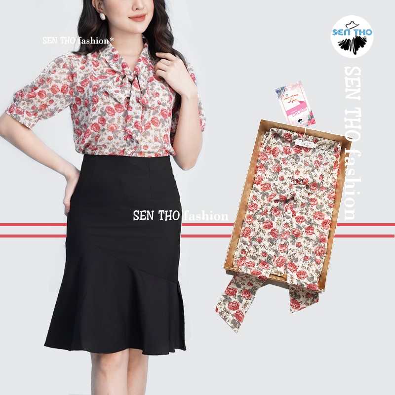 Áo Sơ Mi Nữ Hoa Thắt Nơ, Áo Nữ Thiết Kế Phong Cách Tiểu Thư, Chất Voan Cát Mặc Công Sở, Đi Chơi Thanh Lịch Sang Trọng