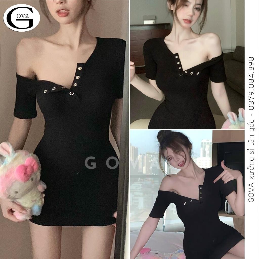 Đầm Váy Body Cổ Vuông CÚC BẤM Thun Gân Tay Ngắn Ôm Sexy Gợi Cảm GOVA