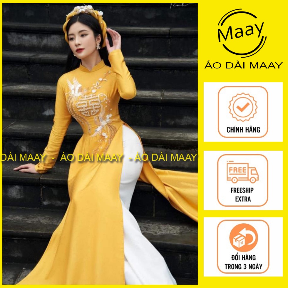 Áo dài cô dâu chú rể, áo dài cặp màu vàng đính kết sang trọng MAAY