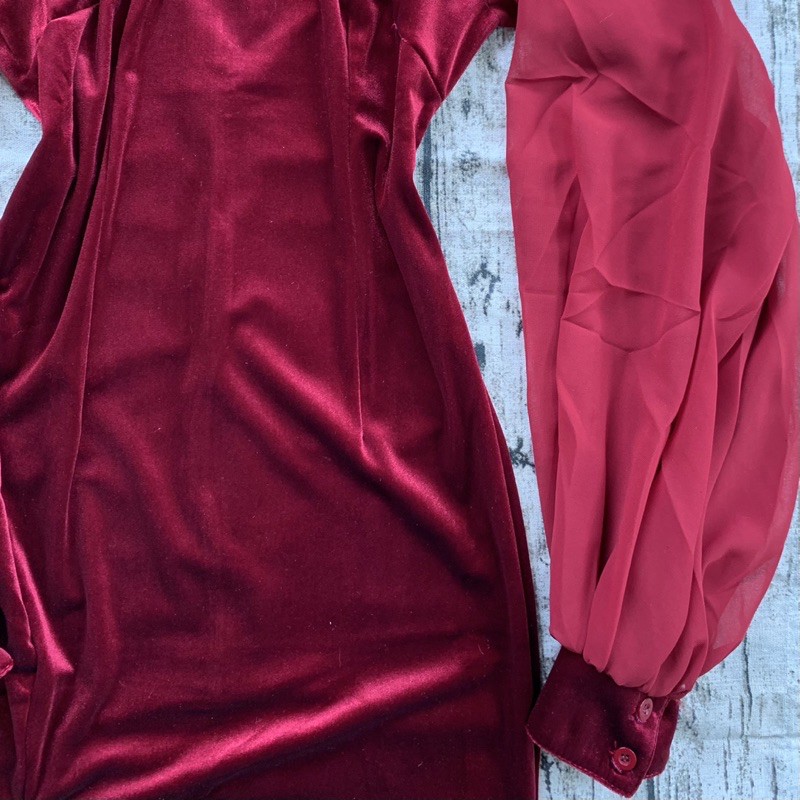 Ảnh thật-Clip thật Sườn xám nhung tay voan đỏ size SML