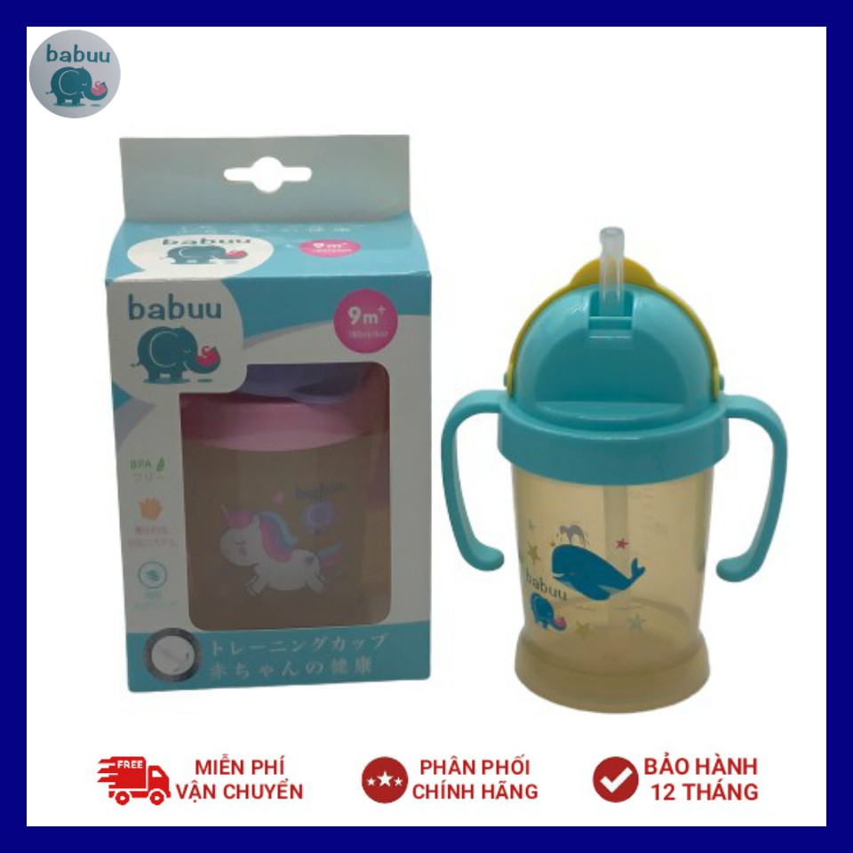 Bình tập uống ống hút silicon tay cầm Babuu Baby 180ml Nhật Bản