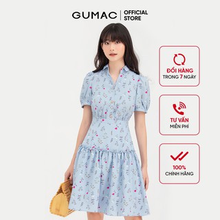 Đầm sơ mi nhún eo GUMAC kiểu dáng vintage màu xanh DB741