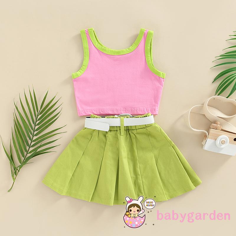 BABYGARDEN-1-6years Baby Girls Outfits, Letter Print Sleeveless Tank Tops + Solid Color Pleated Skirts + Waist Belt Summer Set