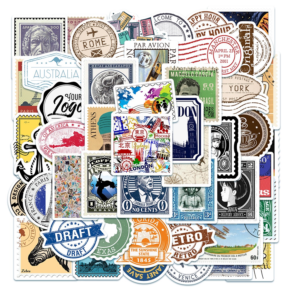 Set of 50 Retro Style 4-7cm Decorative stamp Stickers