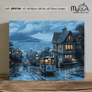 Tranh tô màu tự vẽ sơn dầu số hóa DP0798 Tranh phong cảnh đường phố cảnh đêm xe điện chiều tối