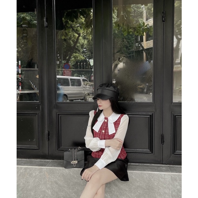 [ẢNH FEEDBACK + VIDEO THẬT] TAYLOR TOP (Bản Đỏ) mix JULIE SKIRT - Áo dạ tweed đỏ pha voan + Chân váy đen tarfa cao cấp