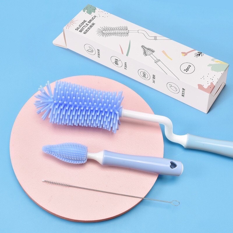 Bộ cọ rửa bình sữa silicon 3 chi tiết, cọ xoay 360 độ