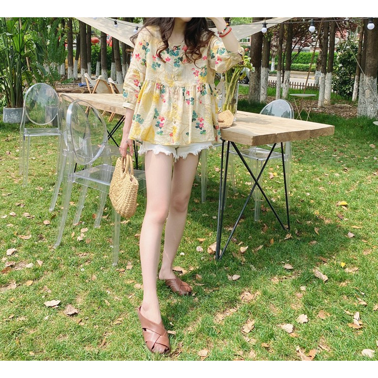Áo Sơ Mi Nữ Tay 3 / 4 In Hoa Phong Cách Hàn Quốc